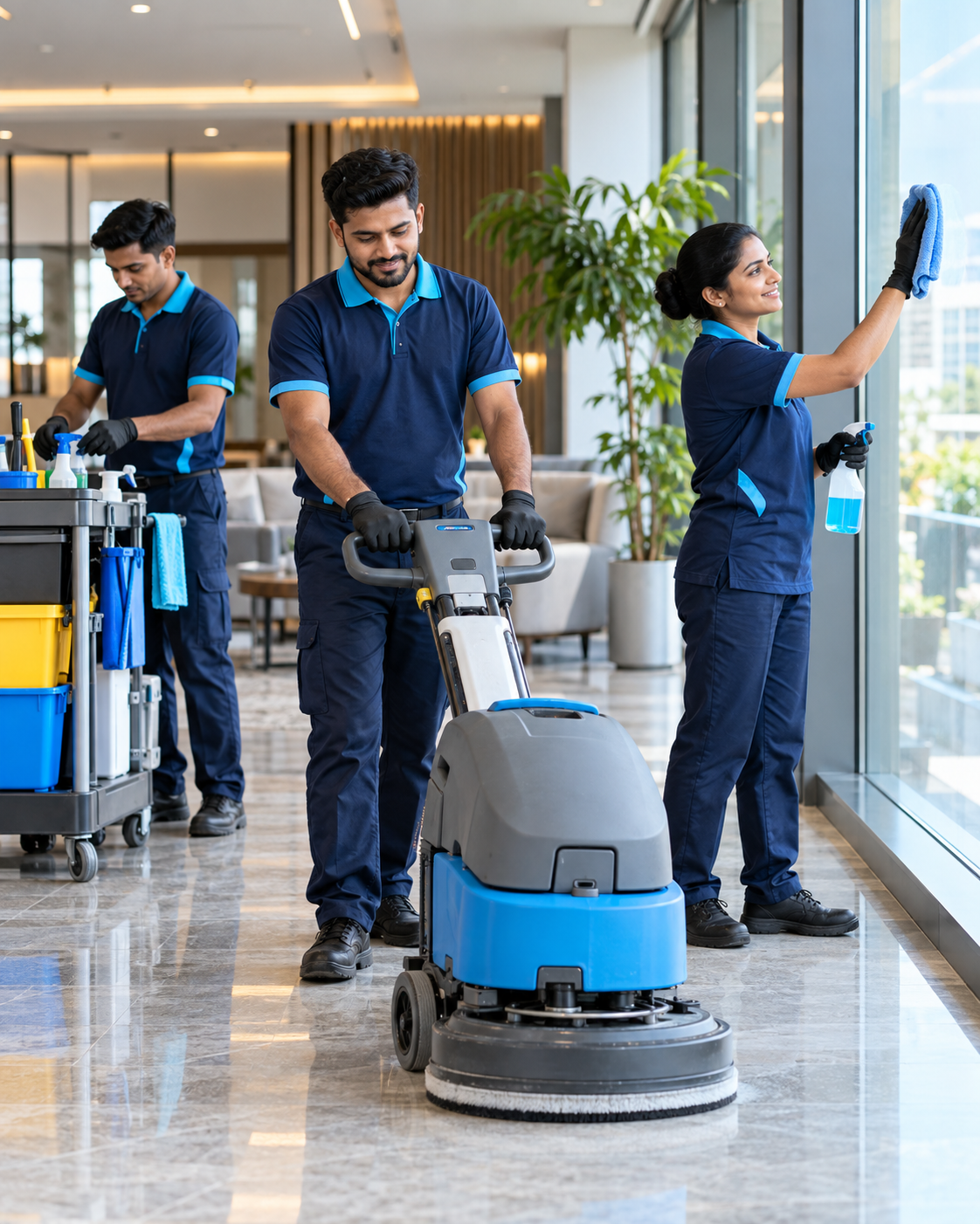 Namana Facilities professionals cleaning a modern commercial interior